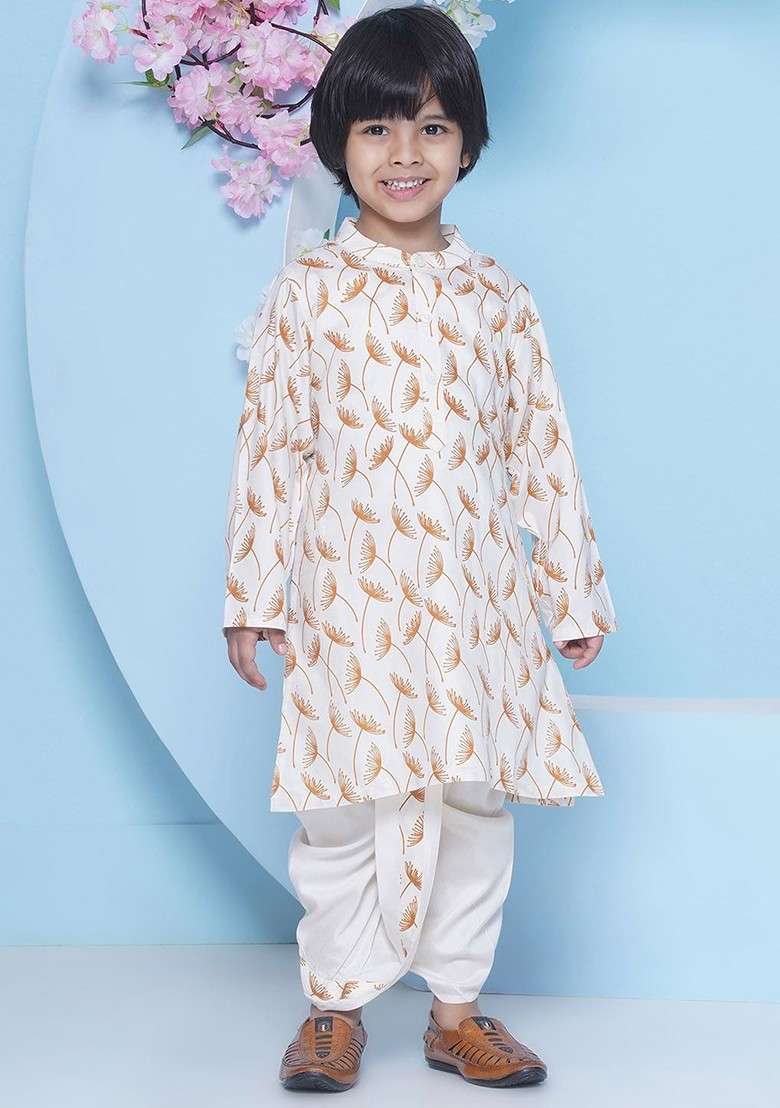 Off White Printed Blended Kurta Dhoti Set For Boys - Indya