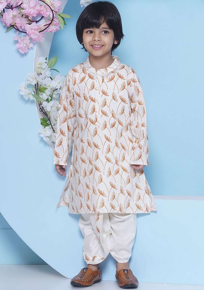 Off White Printed Blended Kurta Dhoti Set For Boys - Indya