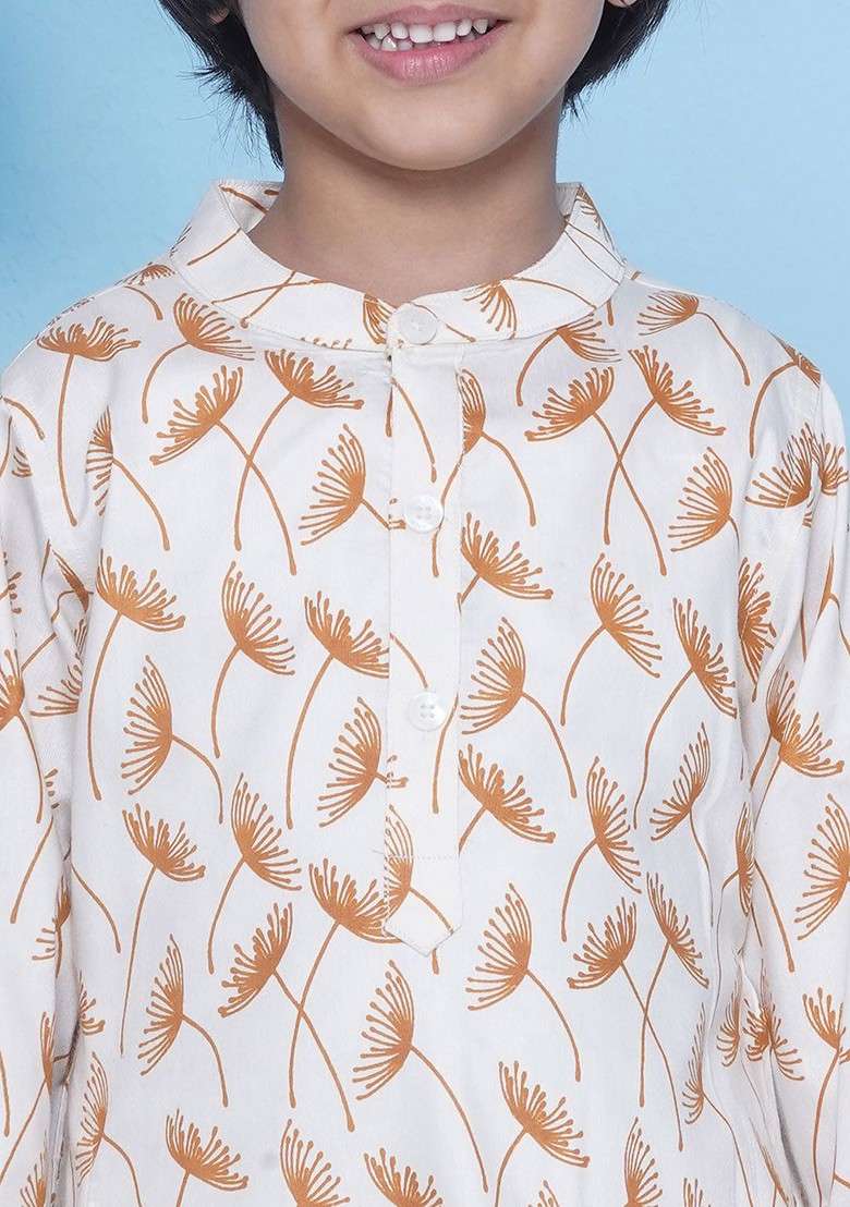 Off White Printed Blended Kurta Dhoti Set For Boys - Indya
