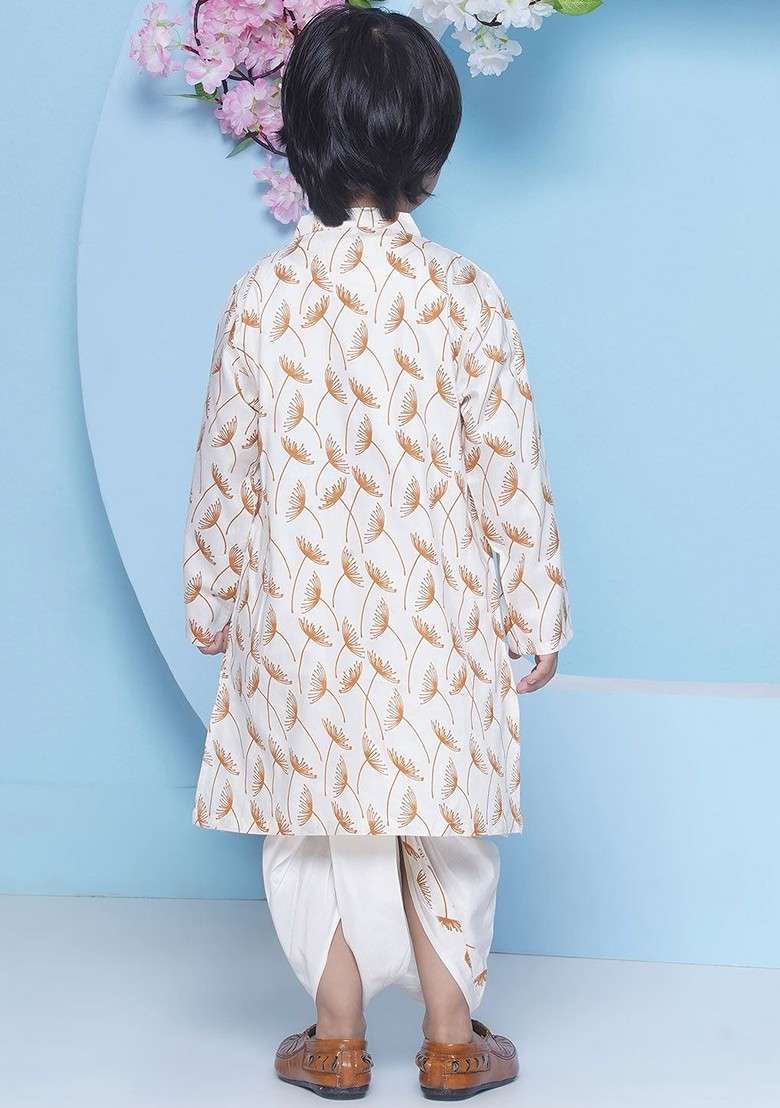 Off White Printed Blended Kurta Dhoti Set For Boys - Indya