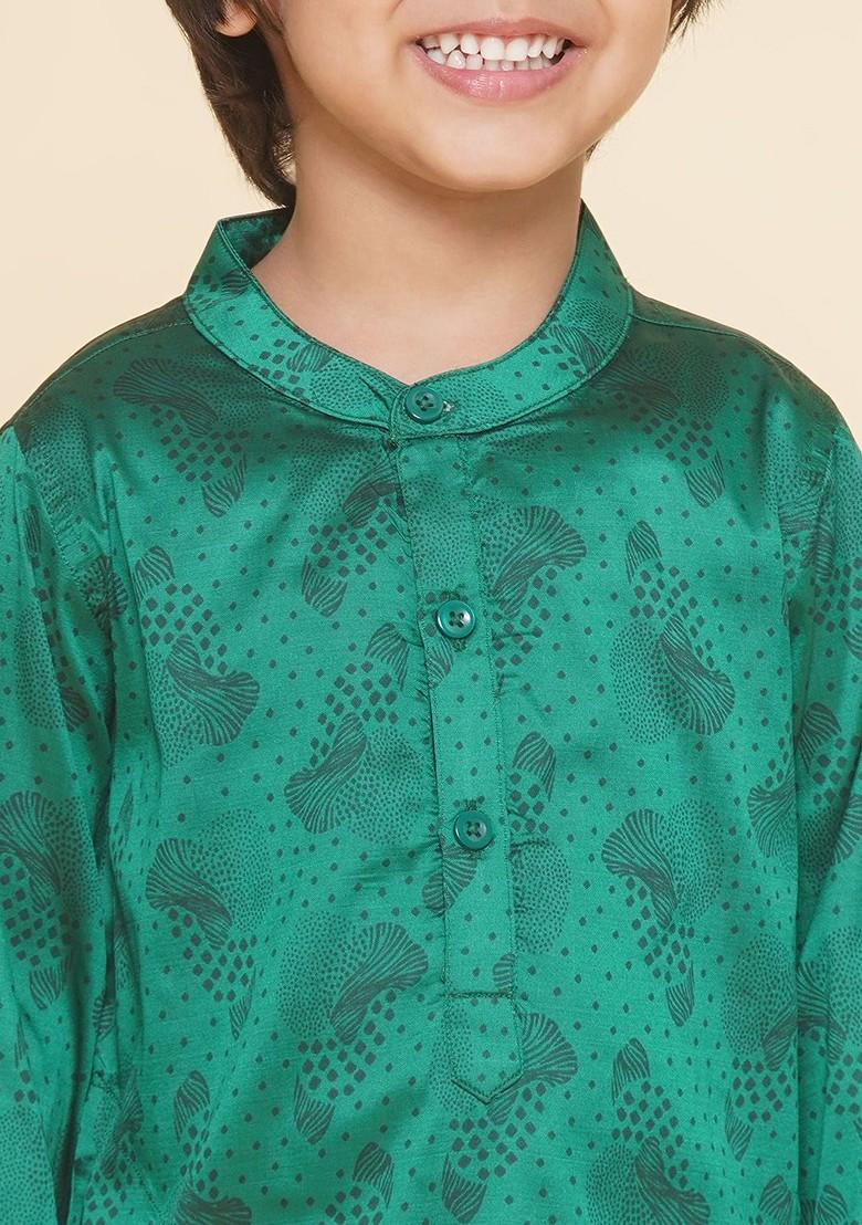 Green Printed Blended Kurta Dhoti Set For Boys - Indya