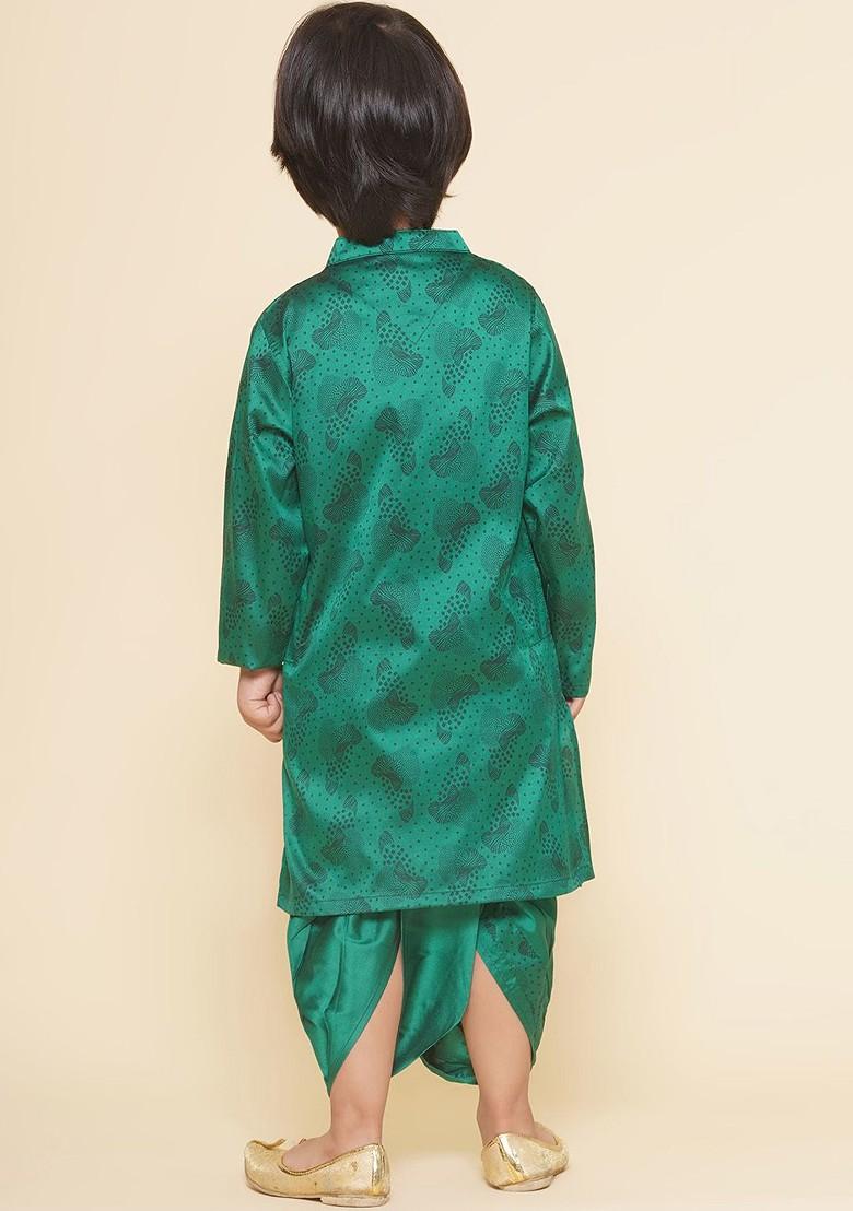 Green Printed Blended Kurta Dhoti Set For Boys - Indya