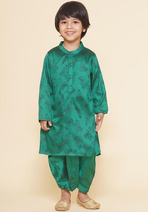 Green Printed Blended Kurta Dhoti Set For Boys — view on Indya