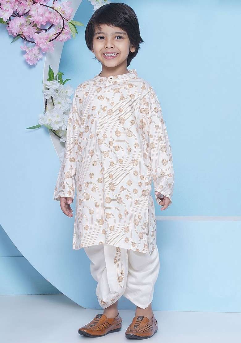 Off White Printed Blended Kurta Dhoti Set For Boys - Indya