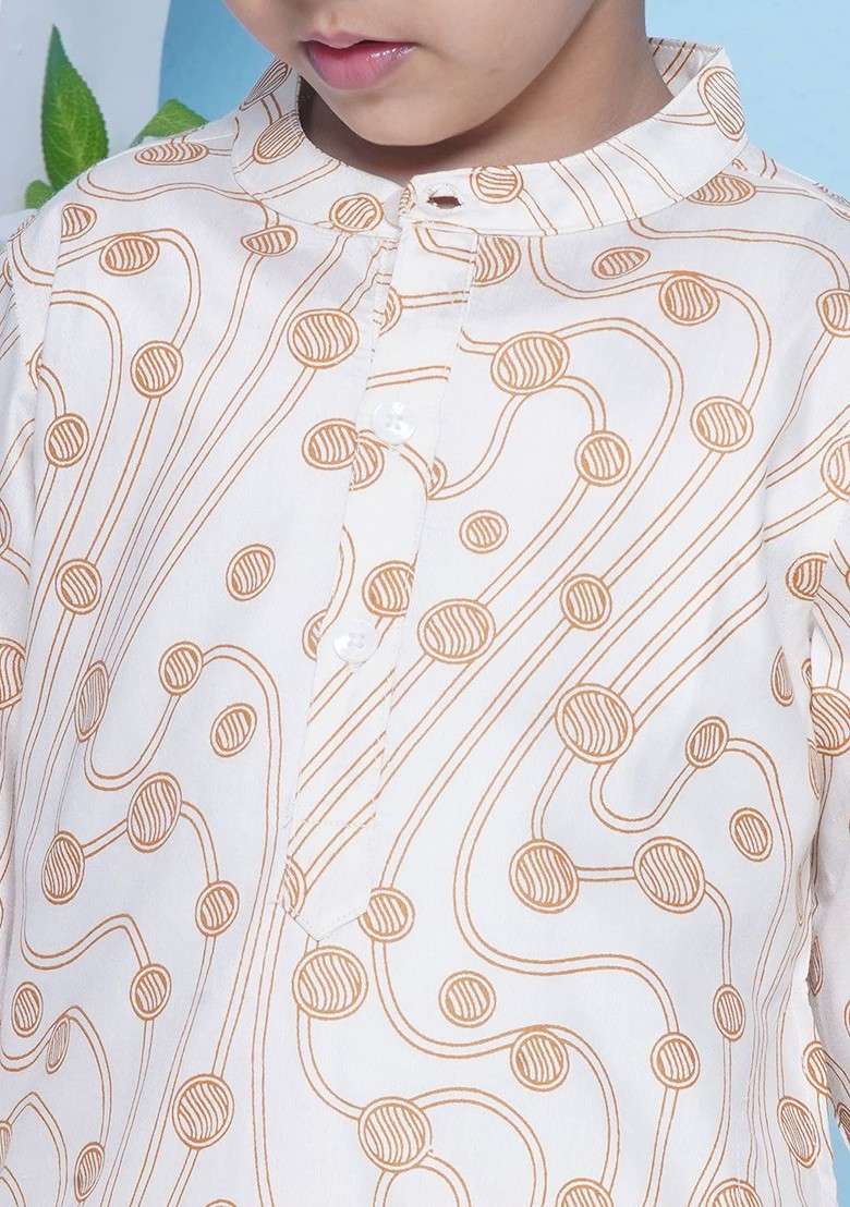 Off White Printed Blended Kurta Dhoti Set For Boys - Indya