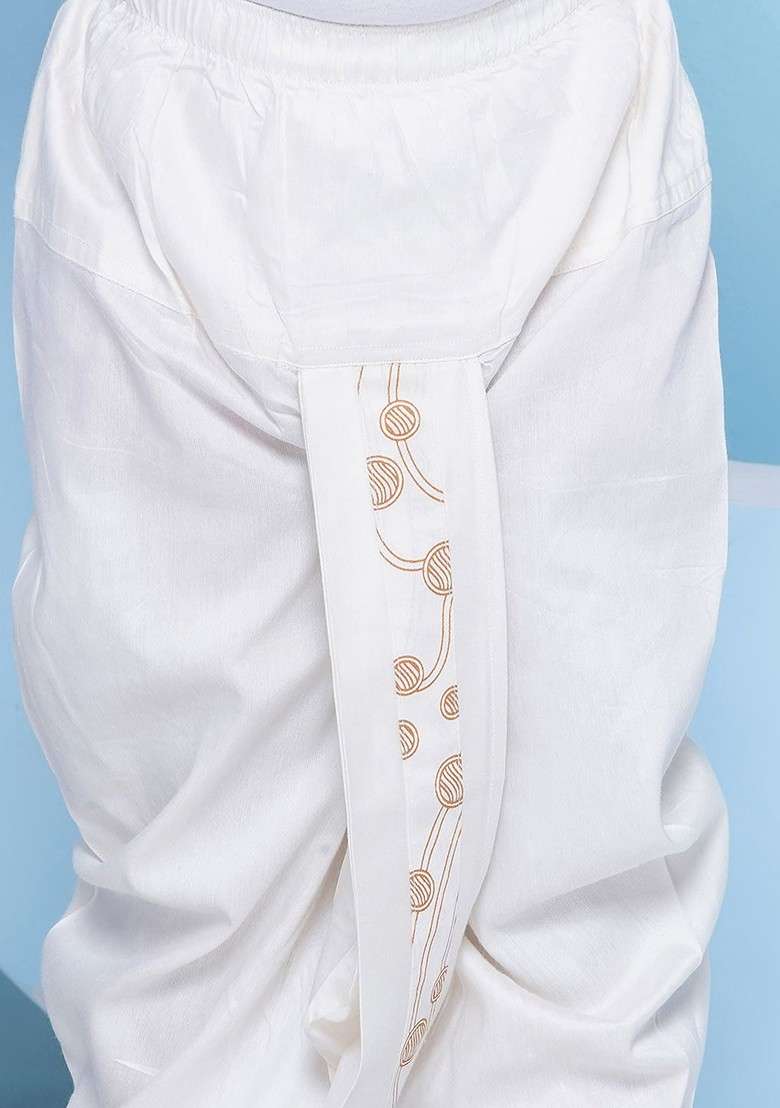 Off White Printed Blended Kurta Dhoti Set For Boys - Indya