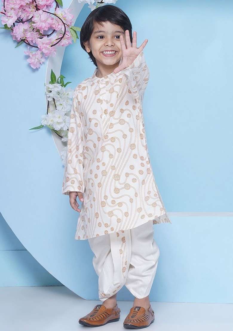Off White Printed Blended Kurta Dhoti Set For Boys - Indya