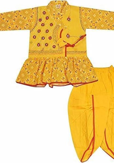 Yellow Embroidered Cotton Kurta Dhoti Set For Boys — view on Indya