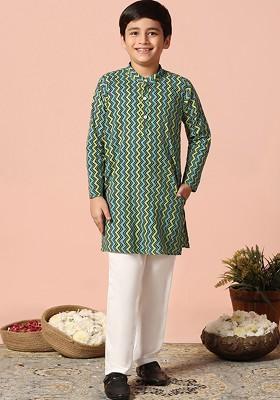 Green Printed Blended Kurta Set For Boys