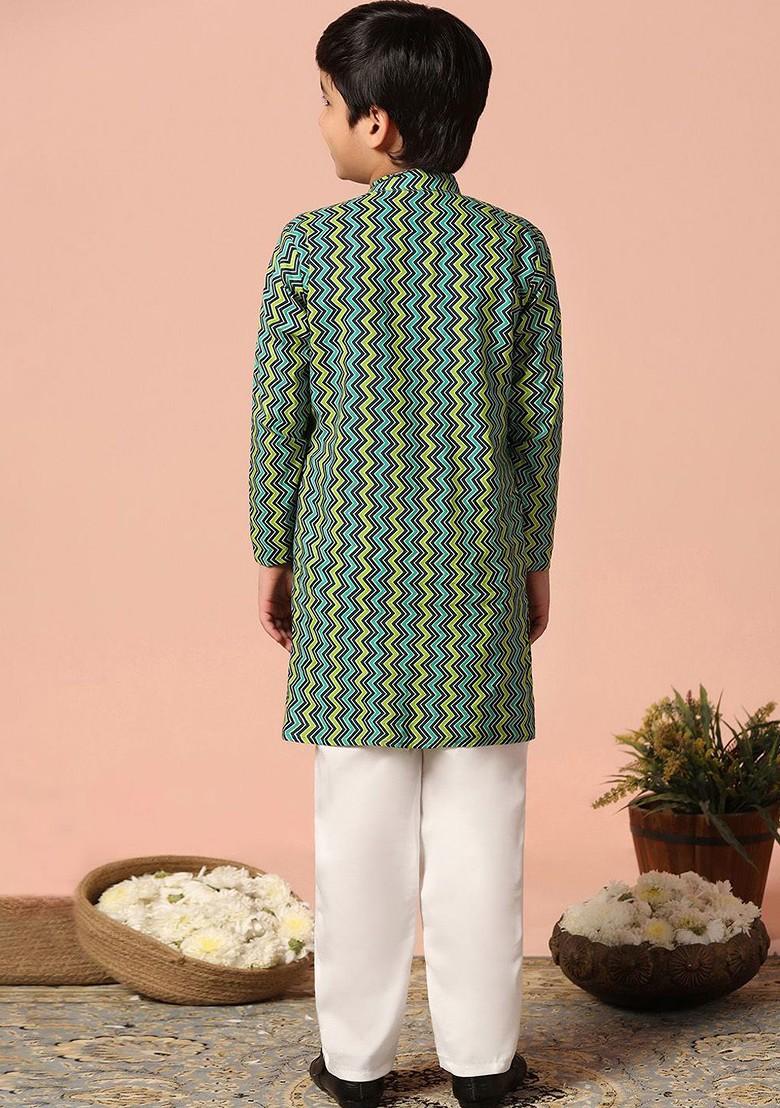 Green Printed Blended Kurta Set For Boys - Indya