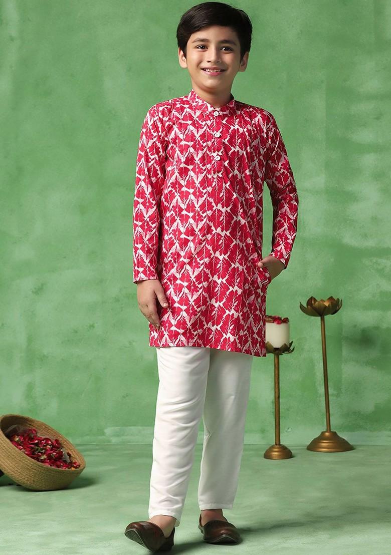 Red Printed Blended Kurta Set For Boys - Indya