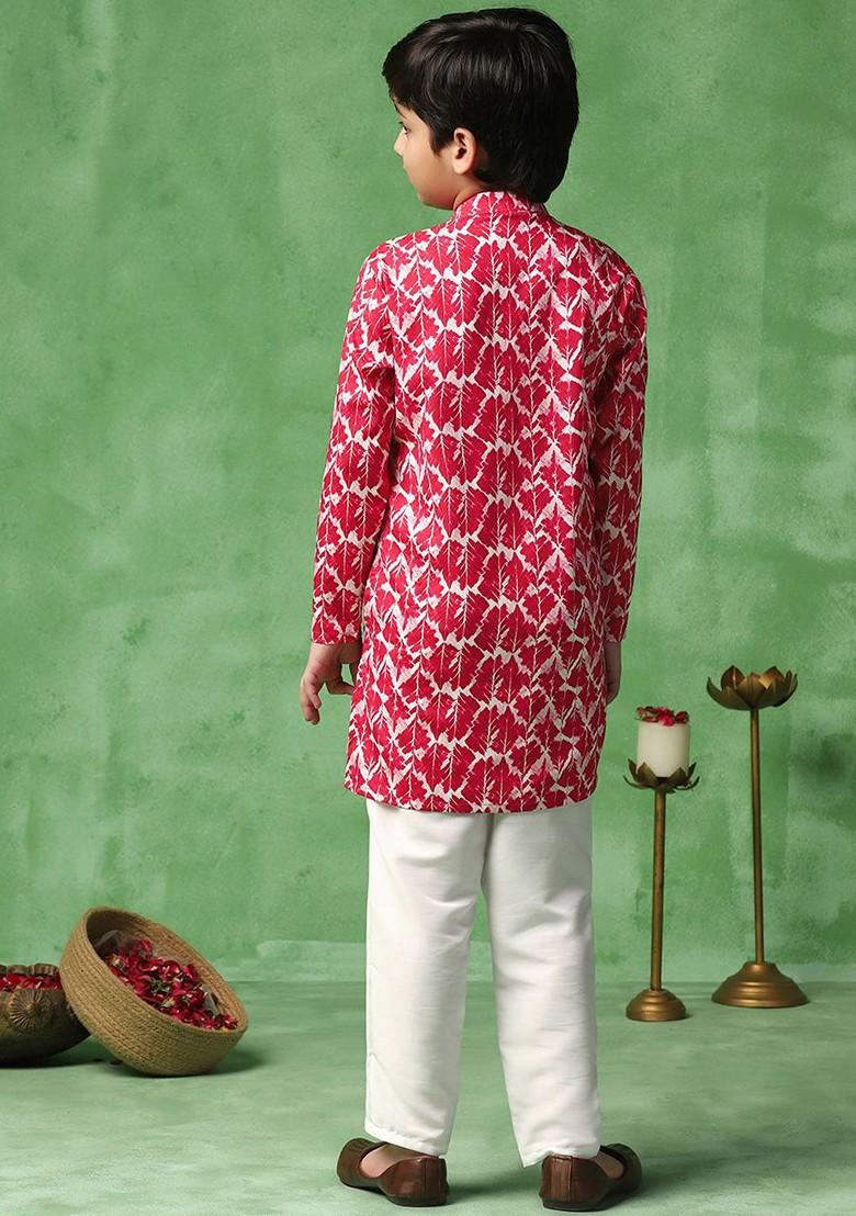 Red Printed Blended Kurta Set For Boys - Indya