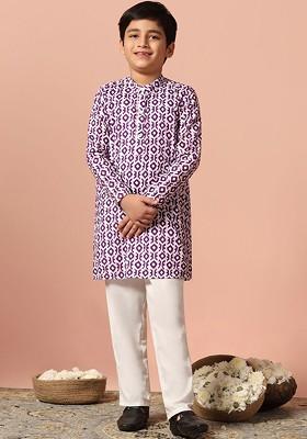 Purple Printed Blended Kurta Set For Boys