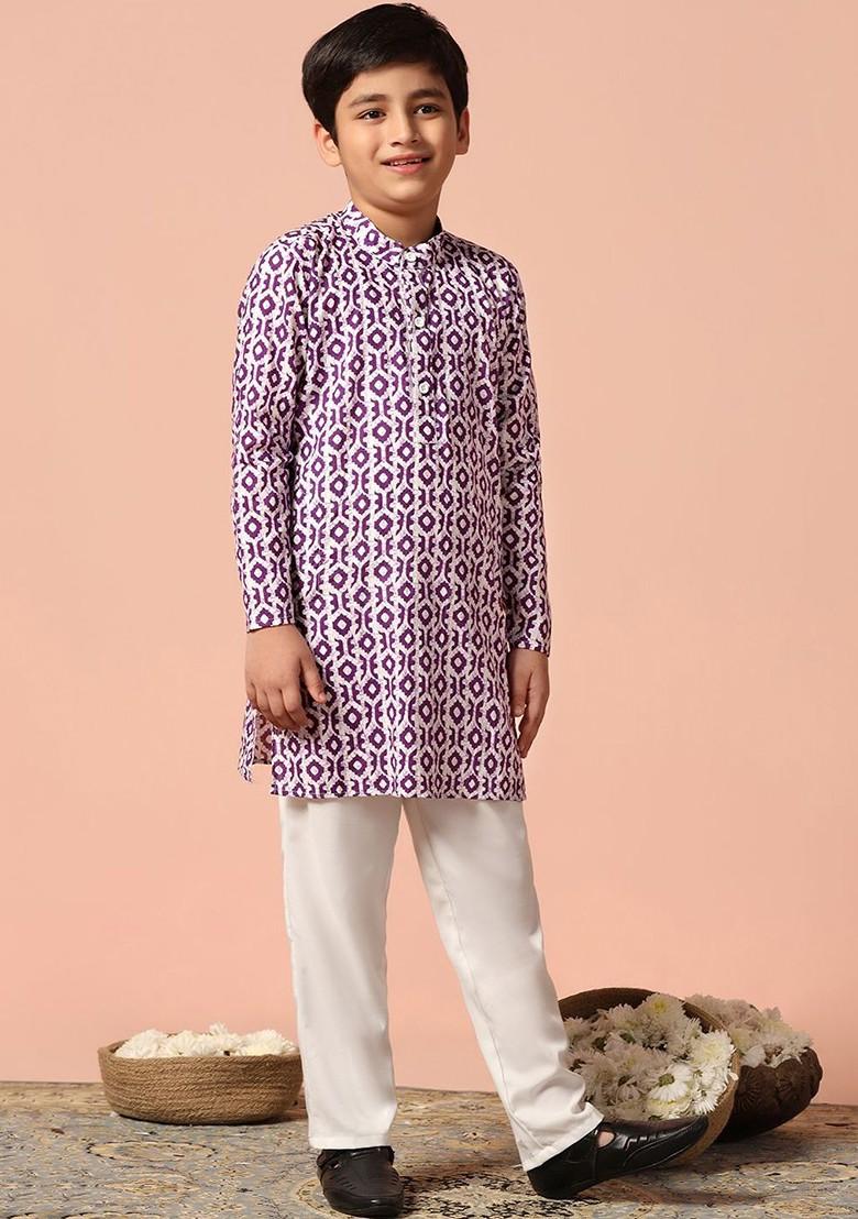 Purple Printed Blended Kurta Set For Boys - Indya