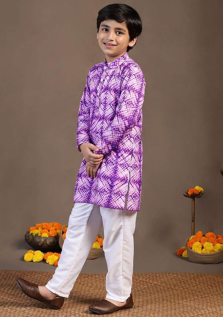Violet Printed Blended Kurta Set For Boys - Indya