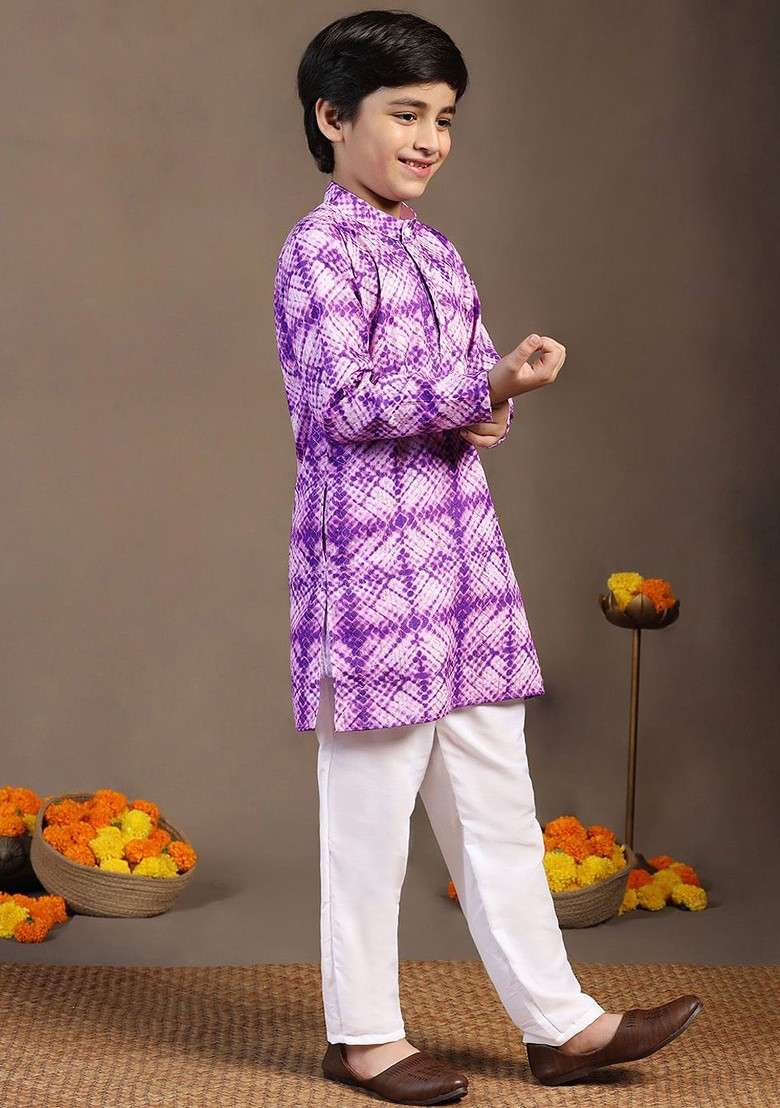 Violet Printed Blended Kurta Set For Boys - Indya