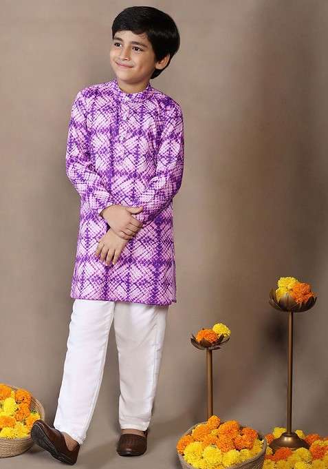 Violet Printed Blended Kurta Set For Boys
