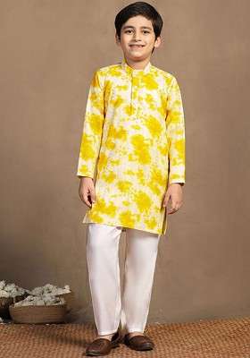 Yellow Sequinned Blended Kurta Set For Boys