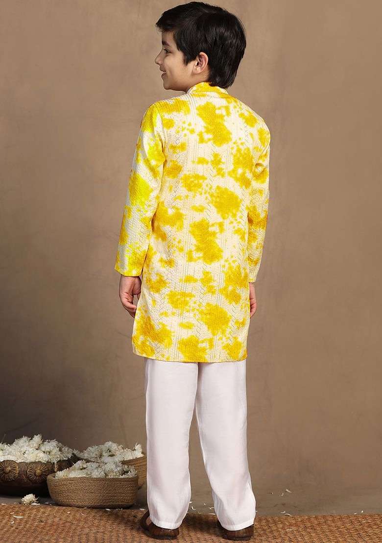 Yellow Sequinned Blended Kurta Set For Boys - Indya