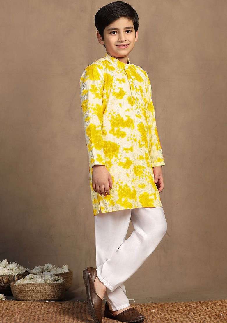 Yellow Sequinned Blended Kurta Set For Boys - Indya
