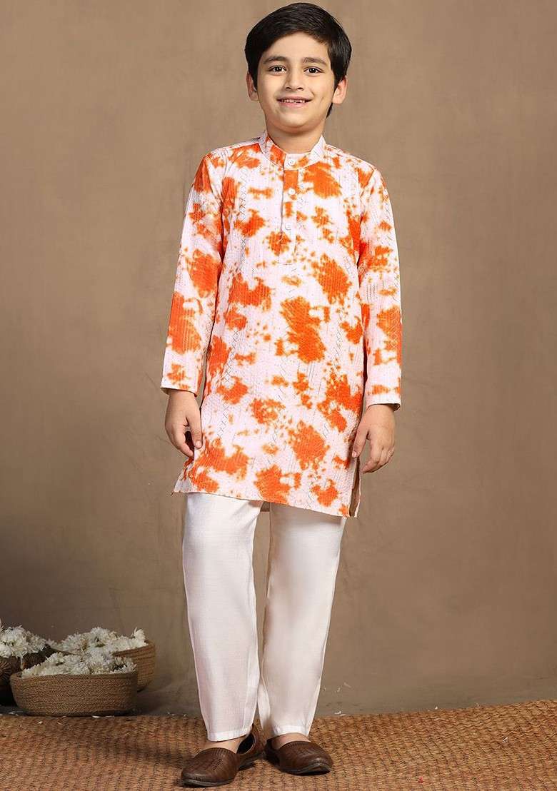 Orange Sequinned Blended Kurta Set For Boys - Indya