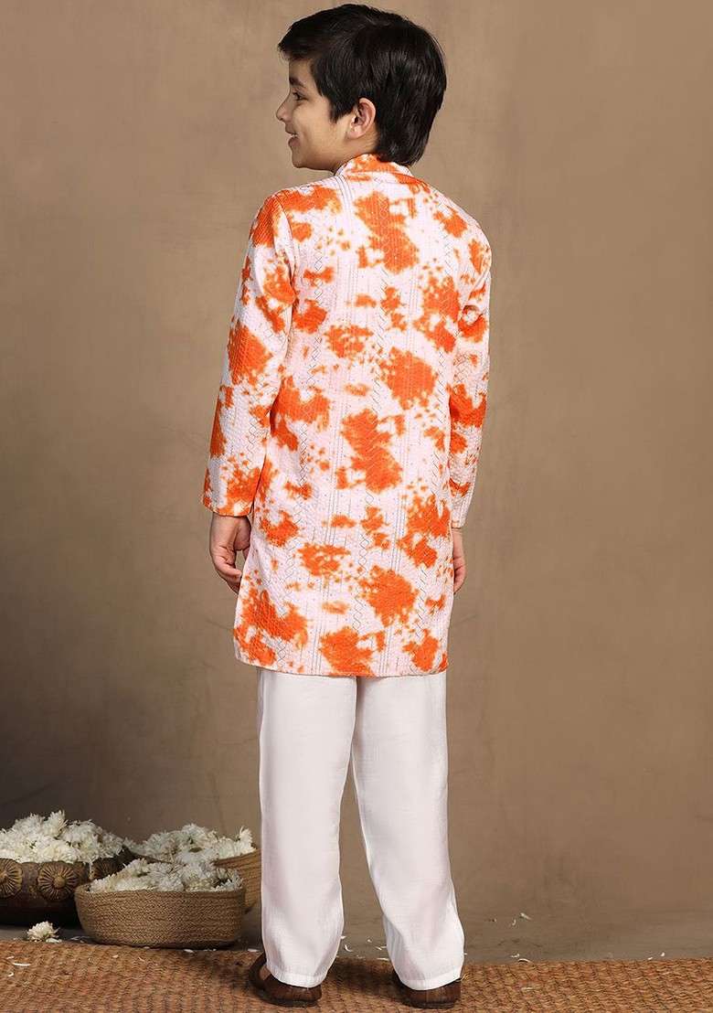 Orange Sequinned Blended Kurta Set For Boys - Indya