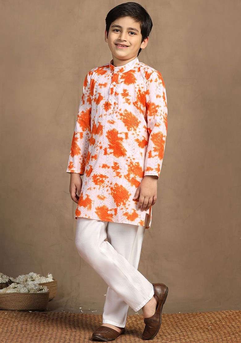 Orange Sequinned Blended Kurta Set For Boys - Indya