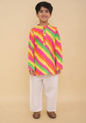 Yellow Striped Cotton Kurta Set For Boys