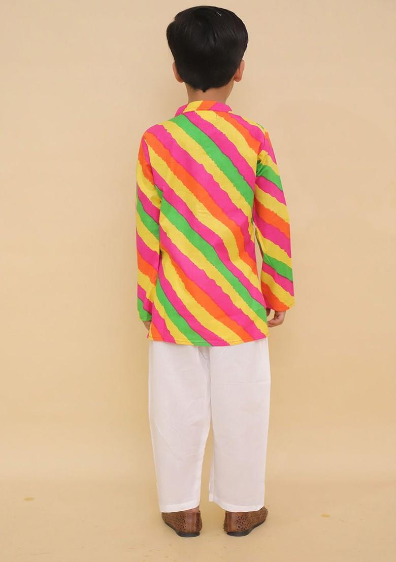 Yellow Striped Cotton Kurta Set For Boys - Indya