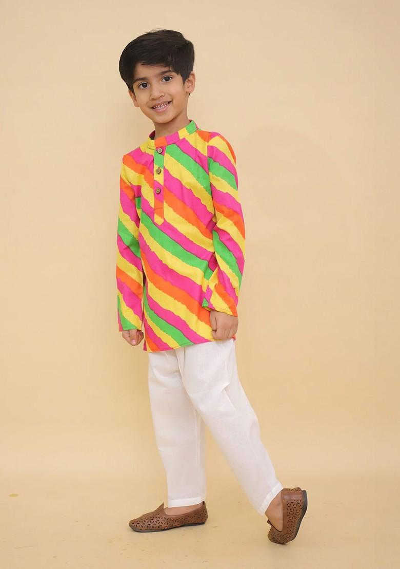 Yellow Striped Cotton Kurta Set For Boys - Indya