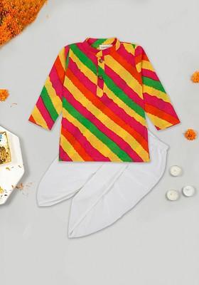 Yellow Striped Cotton Kurta Dhoti Set For Boys
