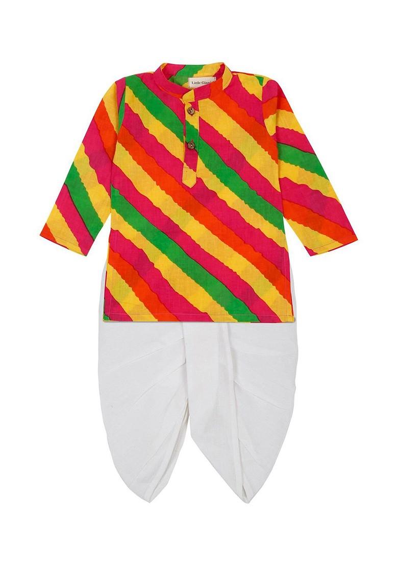 Yellow Striped Cotton Kurta Dhoti Set For Boys - Indya
