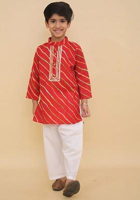 Red Printed Blended Kurta Set For Boys