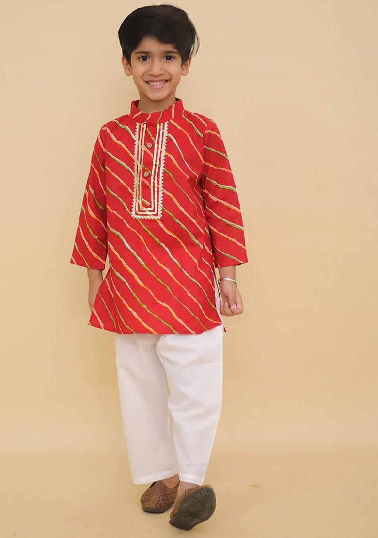 Red Printed Blended Kurta Set For Boys - Indya