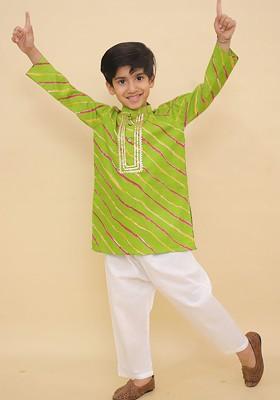 Green Printed Blended Kurta Set For Boys