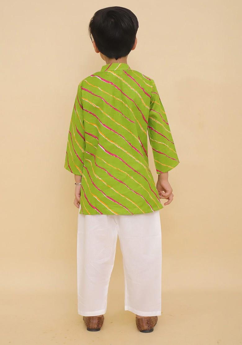 Green Printed Blended Kurta Set For Boys - Indya