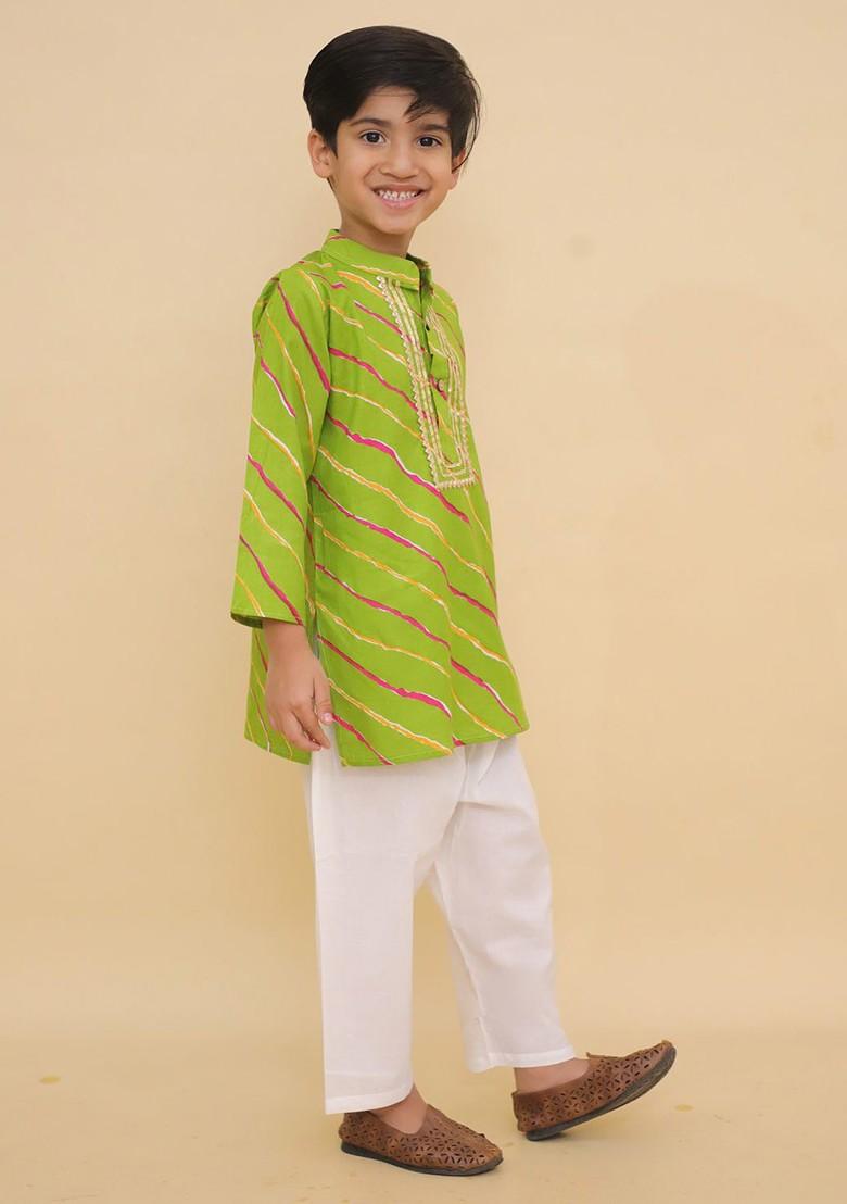 Green Printed Blended Kurta Set For Boys - Indya