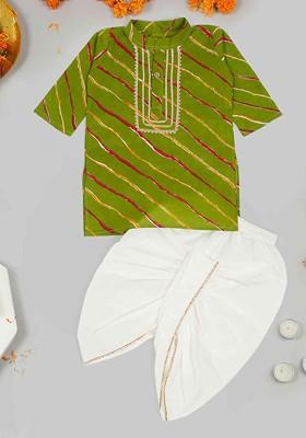 Green Printed Blended Kurta Dhoti Set For Boys