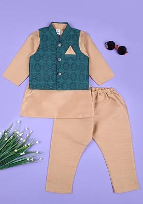 Green Embroidered Cotton Nehru Jacket Set For Boys