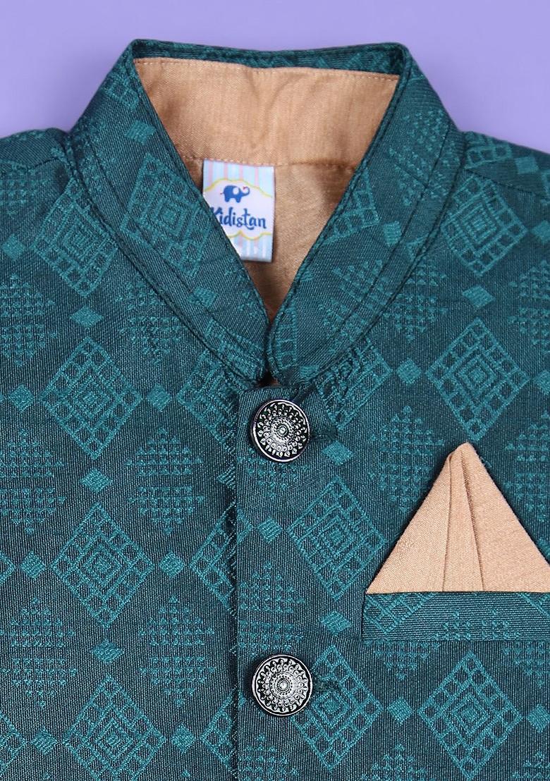 Green Embroidered Cotton Nehru Jacket Set For Boys - Indya