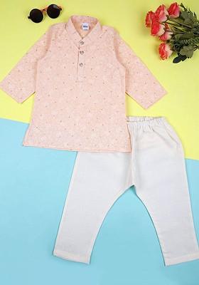 Peach Printed Cotton Kurta Set For Boys