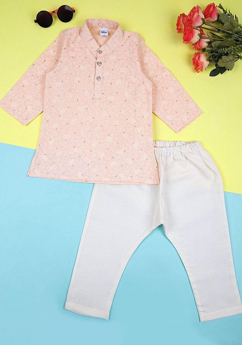Peach Printed Cotton Kurta Set For Boys - Indya