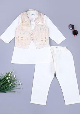 Cream Embroidered Cotton Nehru Jacket Set For Boys