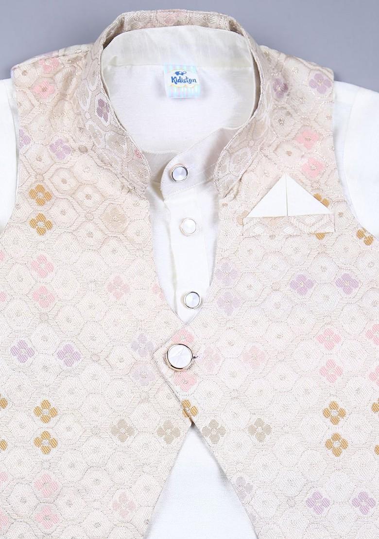 Cream Embroidered Cotton Nehru Jacket Set For Boys - Indya