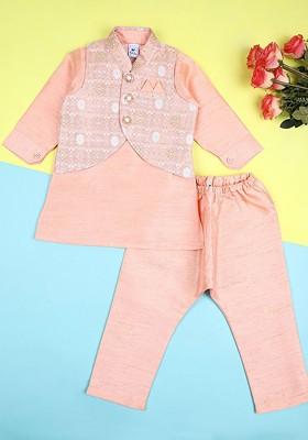 Peach Embroidered Cotton Nehru Jacket Set For Boys