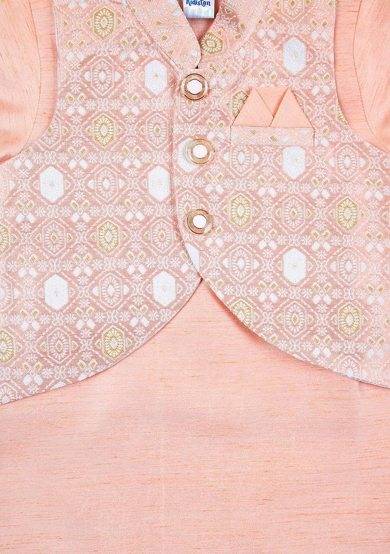 Peach Embroidered Cotton Nehru Jacket Set For Boys - Indya