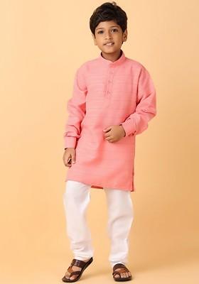 Peach Striped Cotton Kurta Set For Boys
