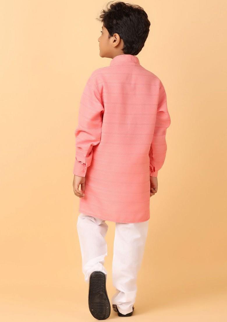 Peach Striped Cotton Kurta Set For Boys - Indya