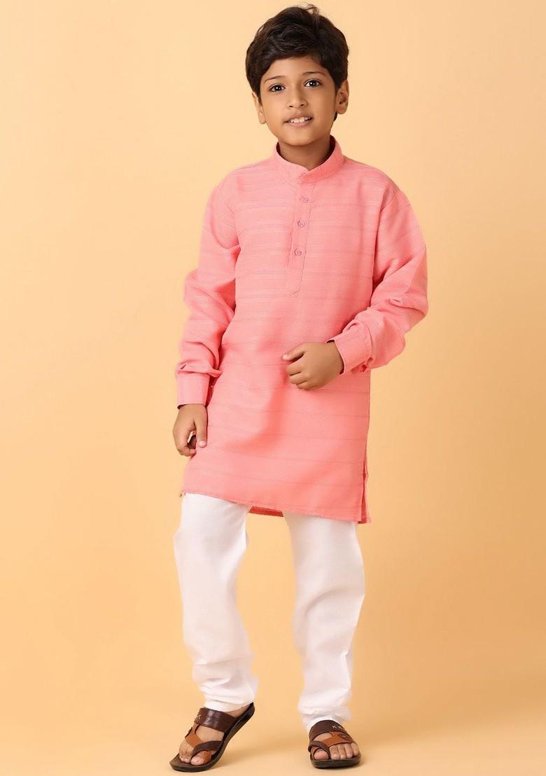 Peach Striped Cotton Kurta Set For Boys - Indya