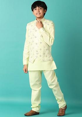 Green Embroidered Cotton Nehru Jacket Set For Boys
